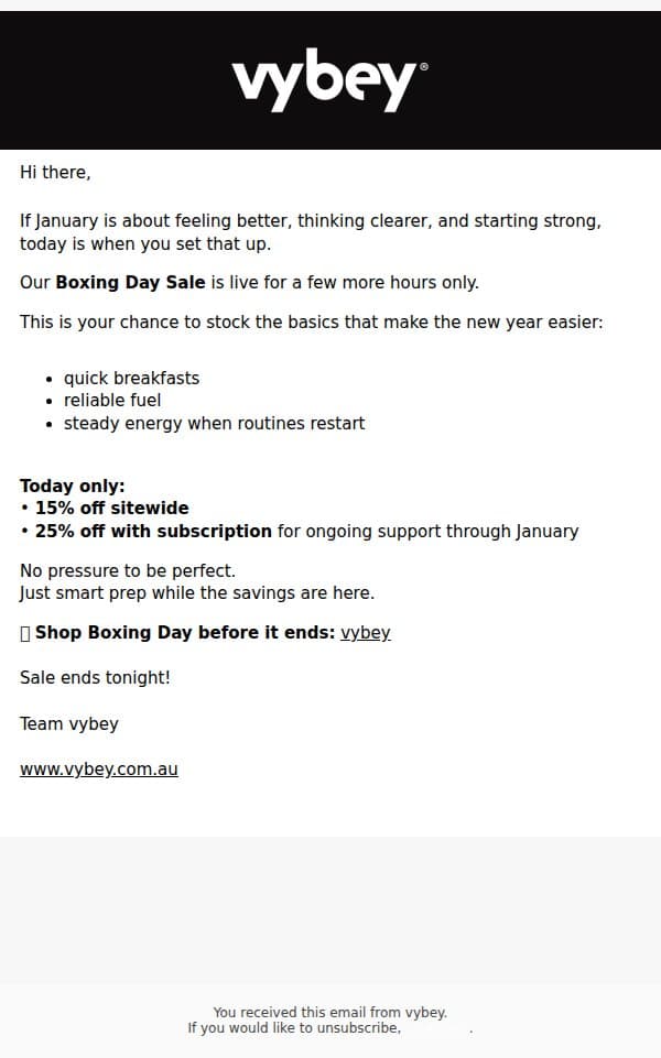 Ends tonight - Boxing Day Sale 🖤 email from vybey screenshot