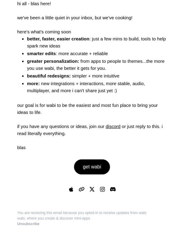 mini wabi update email from Wabi screenshot