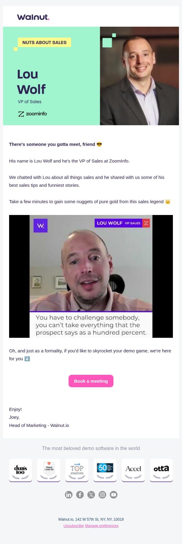 Have you met the VP of Sales at ZoomInfo, friend? We did. Here's his sales advice 😎 email from Walnut screenshot