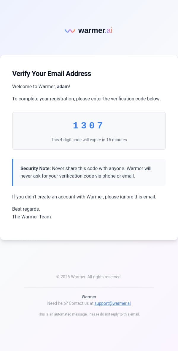 Your Warmer verification code: 1307 email from Warmer screenshot