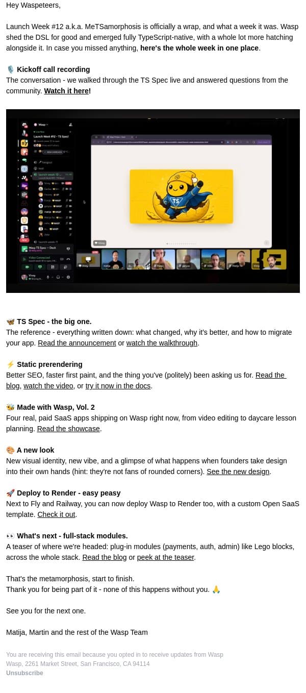 Wasp LW 12 - recording + the whole launch in one place email from Wasp screenshot