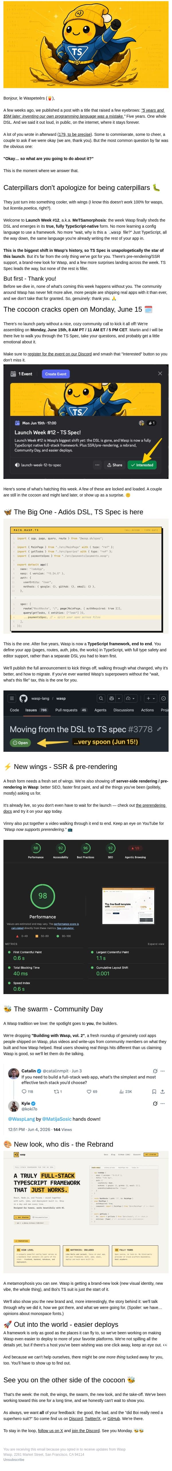 Wasp goes fully TS, no more DSL! // LW #12 kicks off Jun 15 email from Wasp screenshot