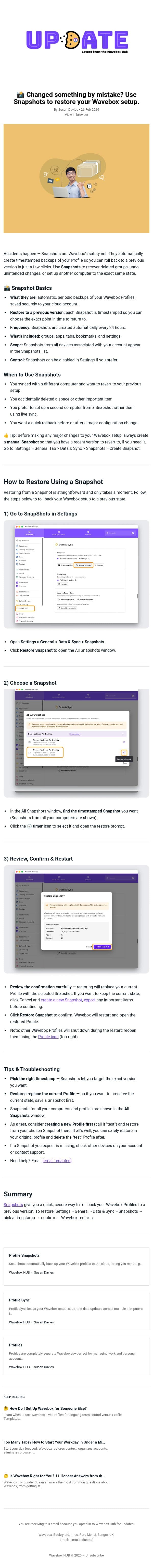 📸 Changed something by mistake? Use Snapshots to restore your Wavebox setup. email from Wavebox screenshot