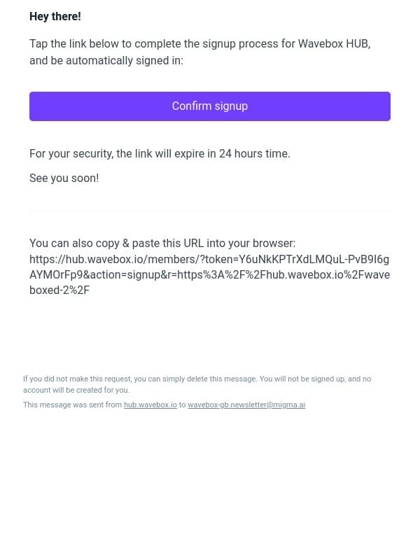 π Complete your sign up to Wavebox HUB! email from Wavebox screenshot