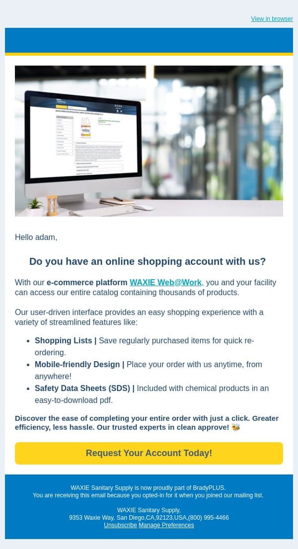 adam, Have you signed up for our e-commerce platform yet? email from WAXIE screenshot