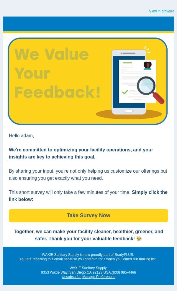 Let's Make Your Facility Even Better - Share Your Opinion! 💭 email from WAXIE screenshot