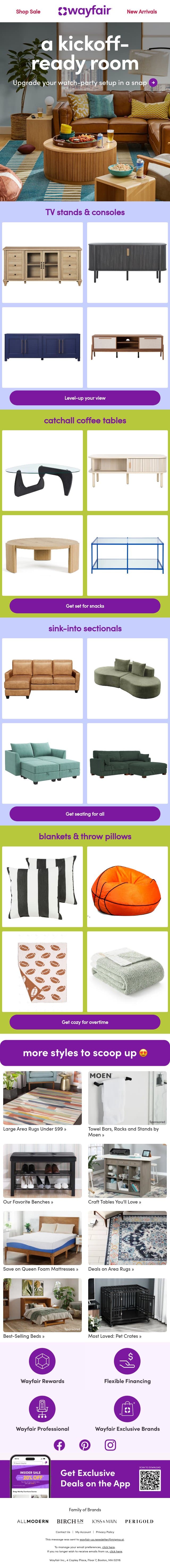Your watch-party setup = DONE 🏈 email from Wayfair screenshot