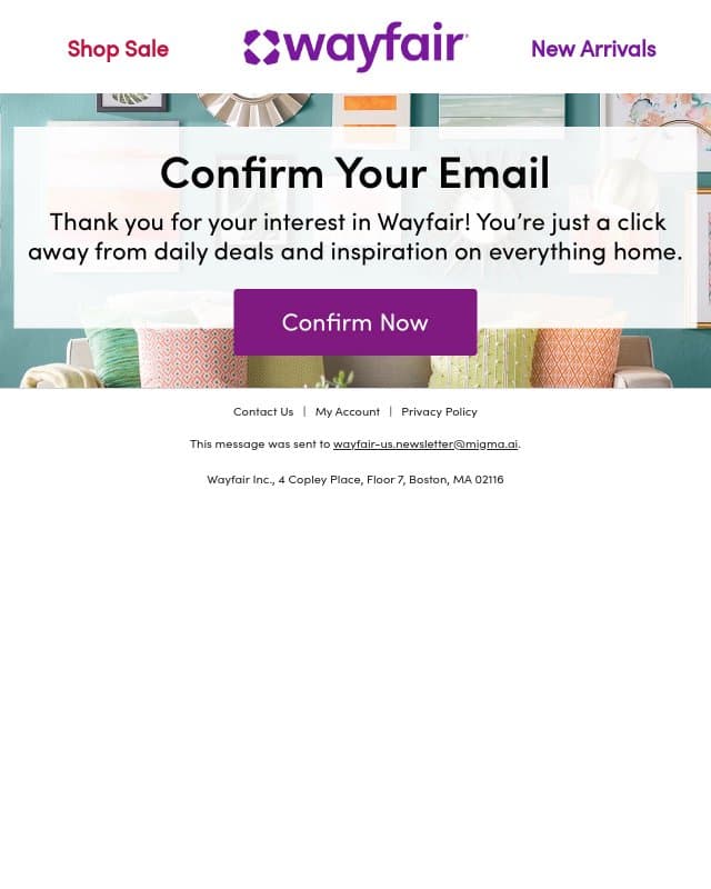 Confirm your email email from Wayfair screenshot