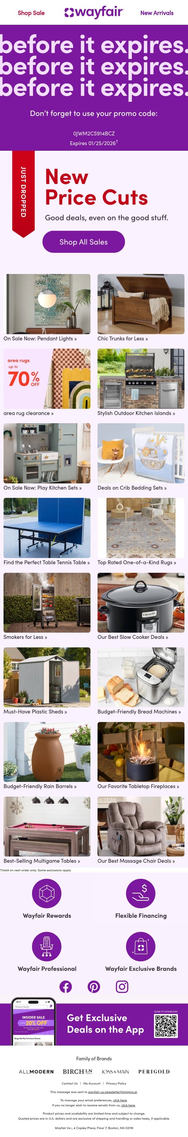 Your PROMO CODE is about to expire >>> email from Wayfair screenshot