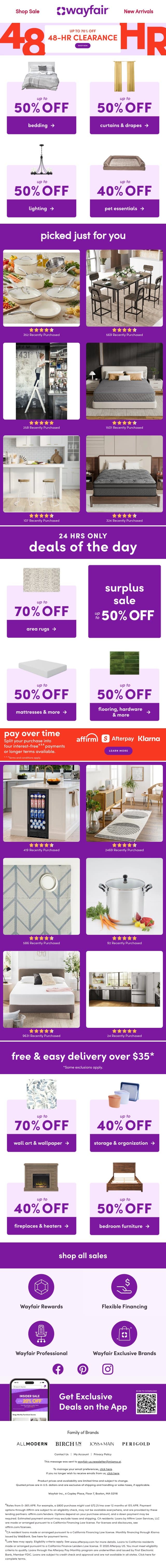 ❗ UP TO 70% OFF ❗ 2 DAYS ONLY ❗ email from Wayfair screenshot