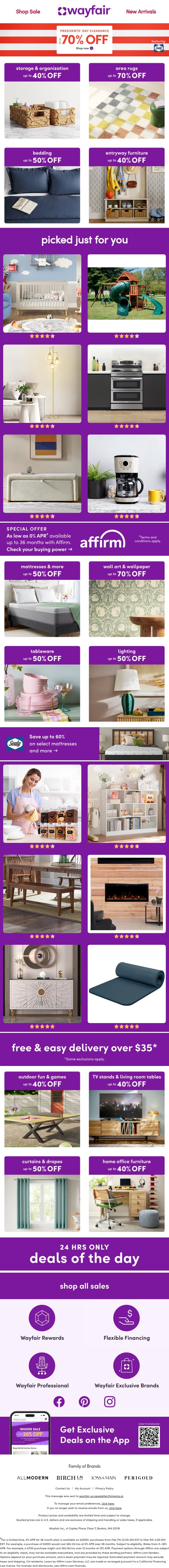 🟥 ⬜ 🟦 Presidents’ Day CLEARANCE 🟥 ⬜ 🟦 email from Wayfair screenshot