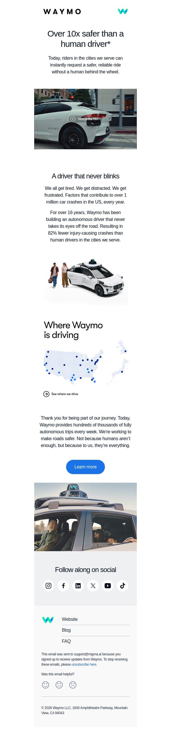 A safer autonomous ride email from Waymo screenshot