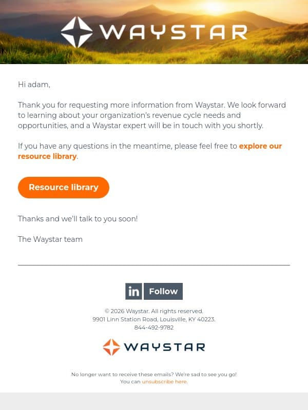 We look forward to speaking with you! email from Waystar screenshot