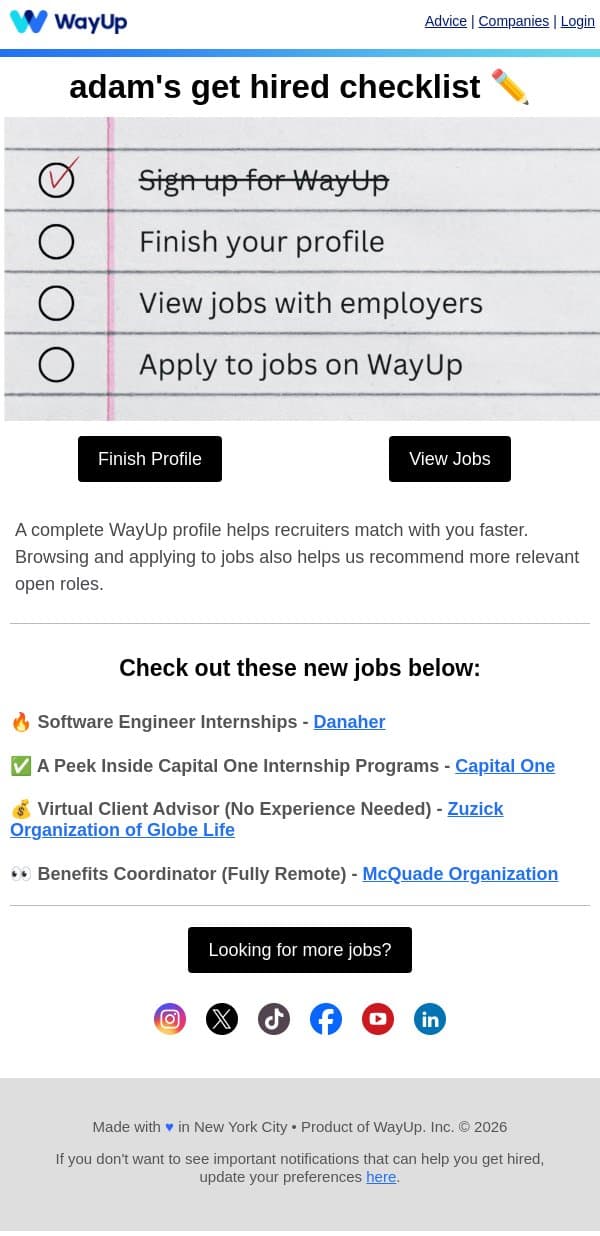 adam, want to get hired? email from WayUp screenshot