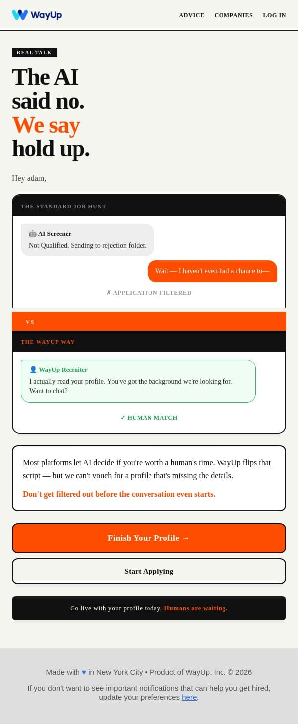 WayUp: A Job Marketplace with a Human Touch email from WayUp screenshot