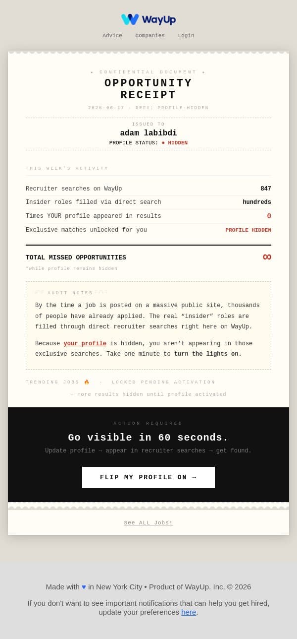 The "hidden" job market isn't a myth. email from WayUp screenshot