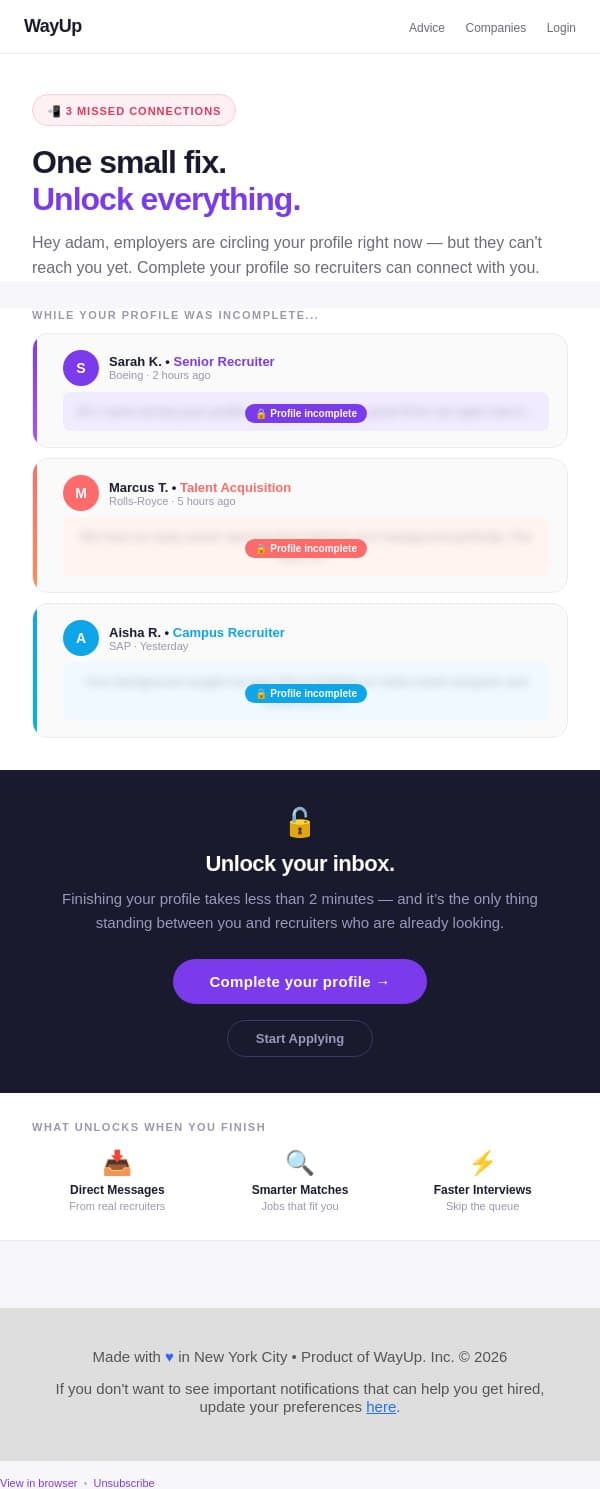 One Small Fix Could Unlock New Connections email from WayUp screenshot