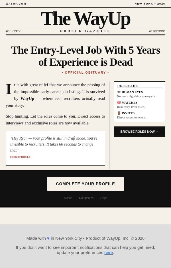 Early Career Roles Aren't Extinct. They're Just on WayUp. email from WayUp screenshot