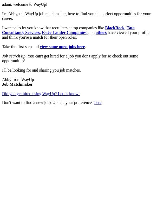 🌟 adam, recruiters asked about you email from WayUp screenshot