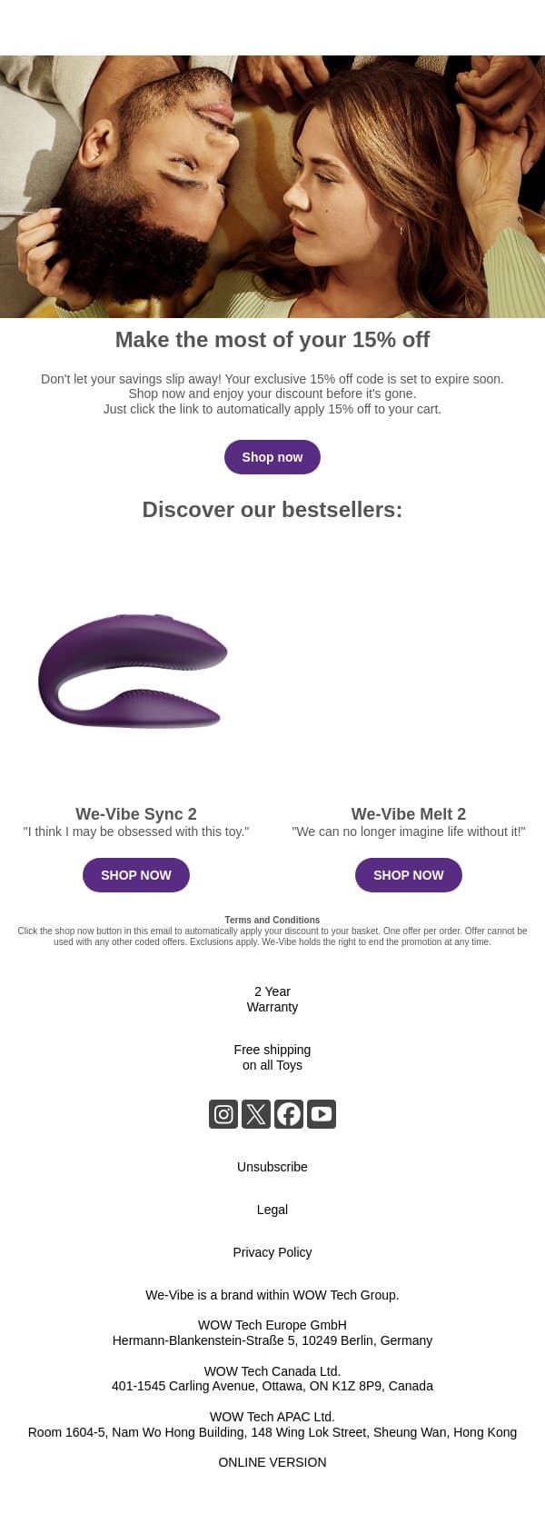 Have you used your 15% off yet? email from We-Vibe screenshot