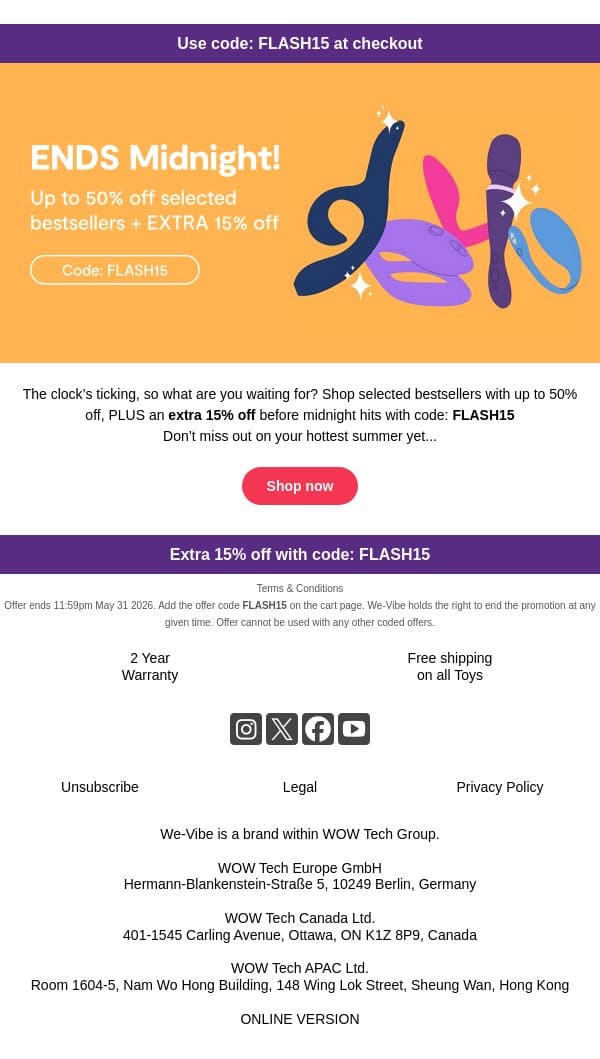 Ends midnight! EXTRA 15% off SALE ⌛️ email from We-Vibe screenshot