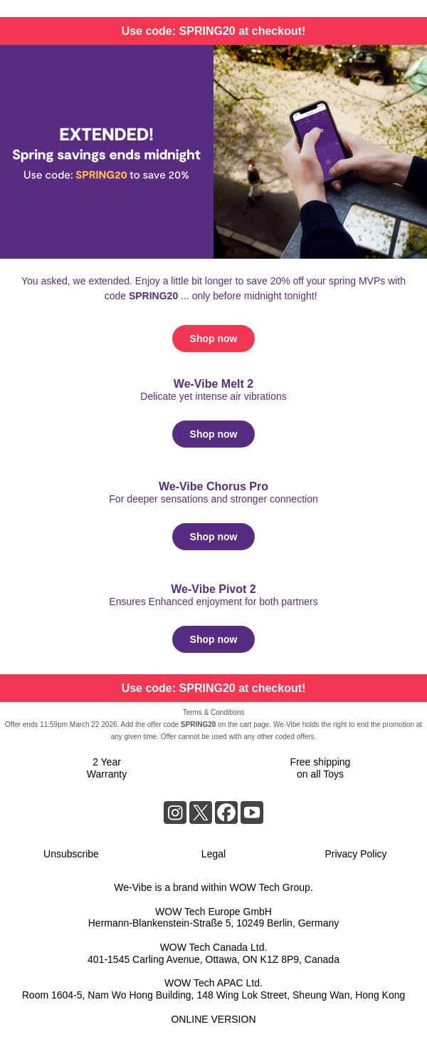 EXTENDED! 20% off ends midnight 🌸 email from We-Vibe screenshot