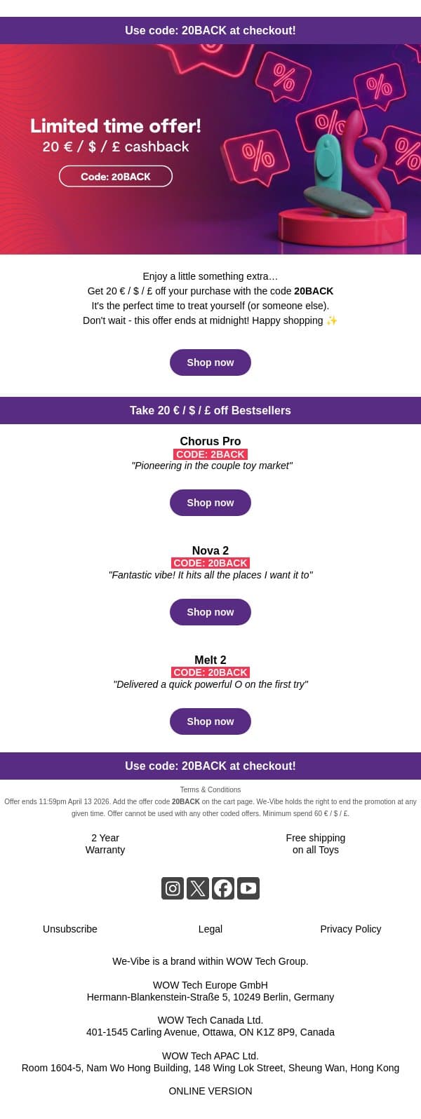 Get 20 $ / € / £ cashback – on us! email from We-Vibe screenshot