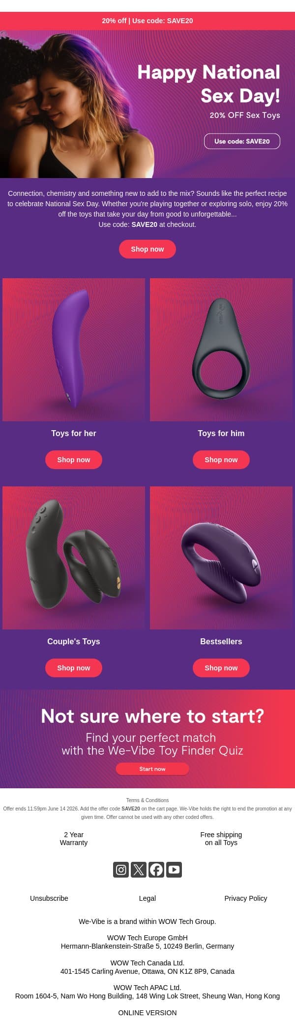 20% off for National S*x Day starts now - just for you! email from We-Vibe screenshot