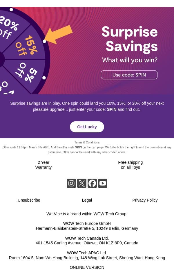 1 Day only! Feeling lucky? 🍀 email from We-Vibe screenshot