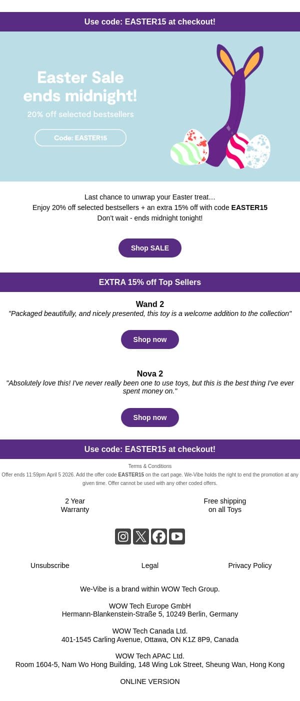 Ends midnight! 20% off SALE 🐣 email from We-Vibe screenshot