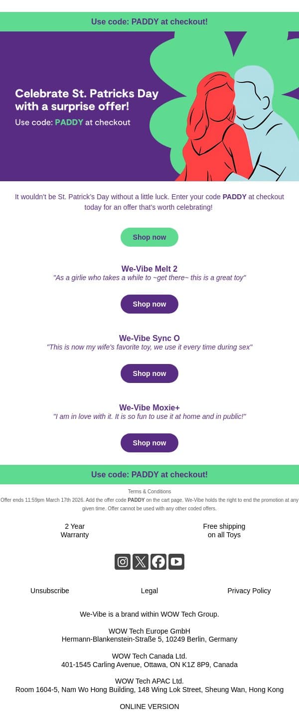 Time to get lucky 🍀 email from We-Vibe screenshot