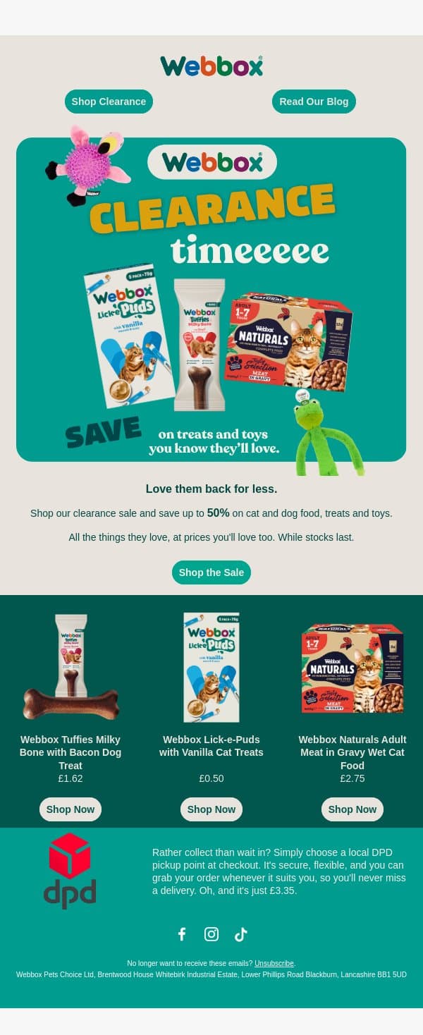 Up to 50% OFF their favourites🐾 email from Webbox screenshot