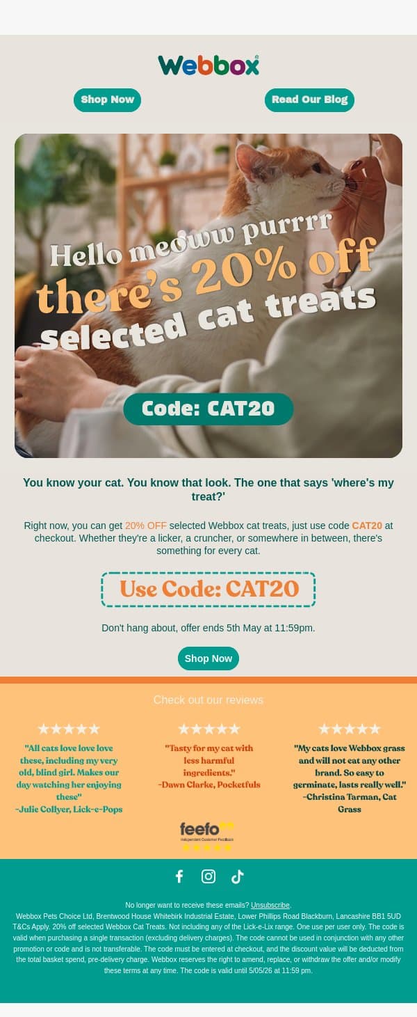 Psst… 20% off Webbox cat treats 🐾 email from Webbox screenshot