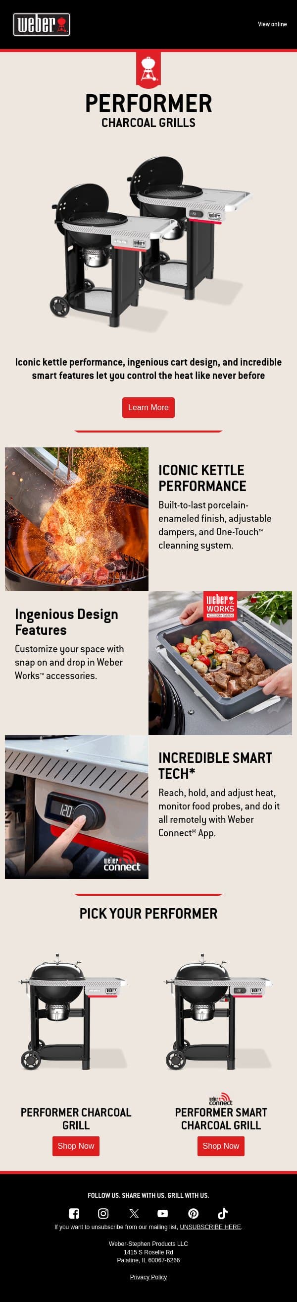 New Performer Charcoal Grills email from Weber screenshot