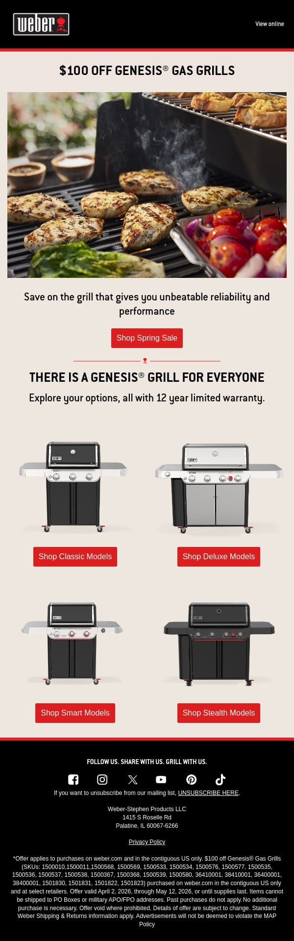 $100 off impressive Genesis® Gas Grills email from Weber screenshot