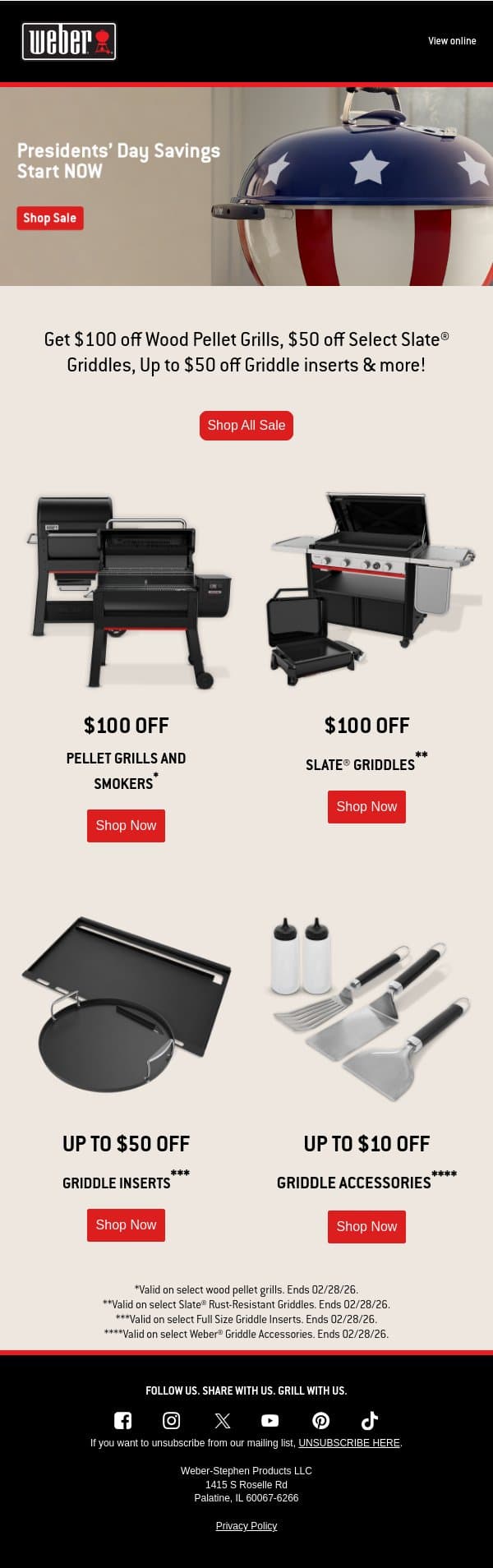 Presidents’ Day Savings Starts NOW! email from Weber screenshot