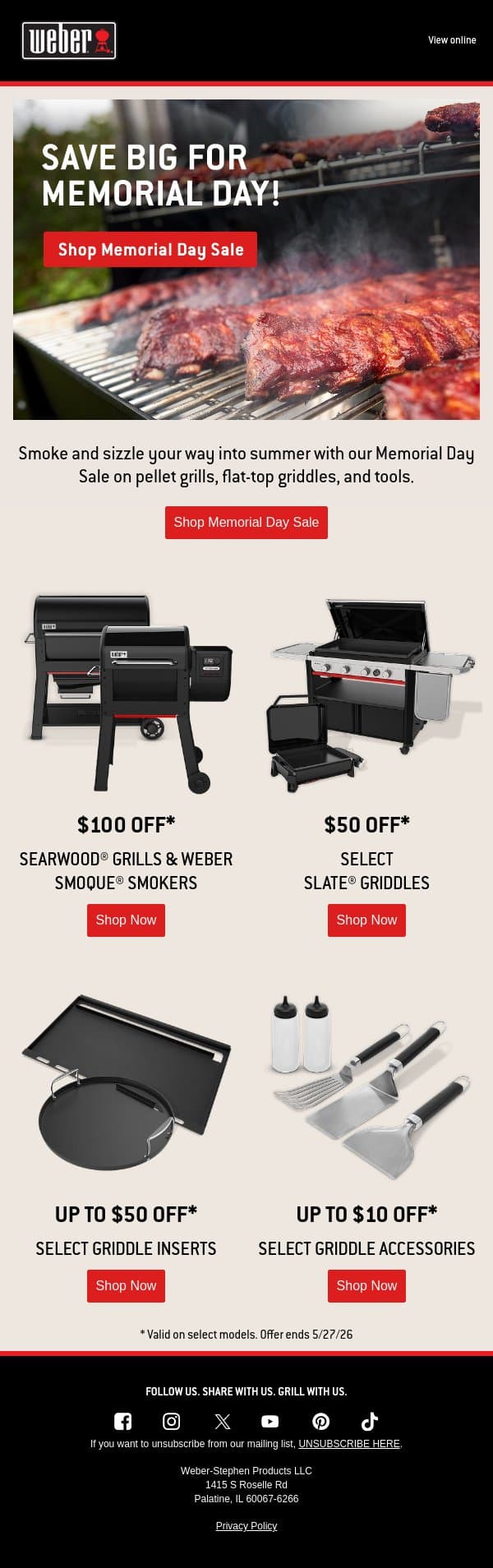 Sizzle Into Savings for Memorial Day! email from Weber screenshot