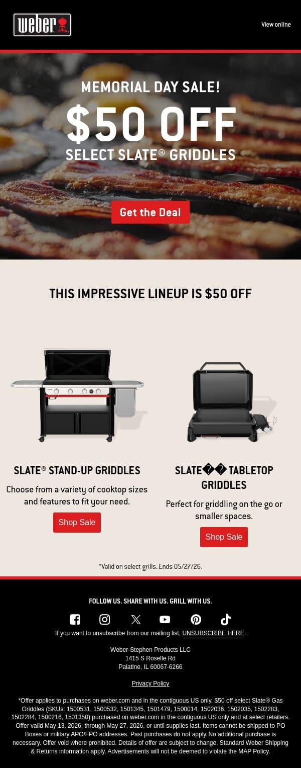 Fire Up Memorial Day Savings! $50 Off 🔥 email from Weber screenshot