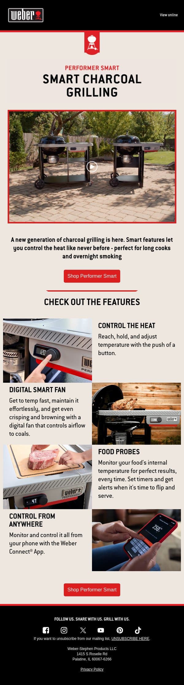 New Performer Smart Charcoal Grills email from Weber screenshot