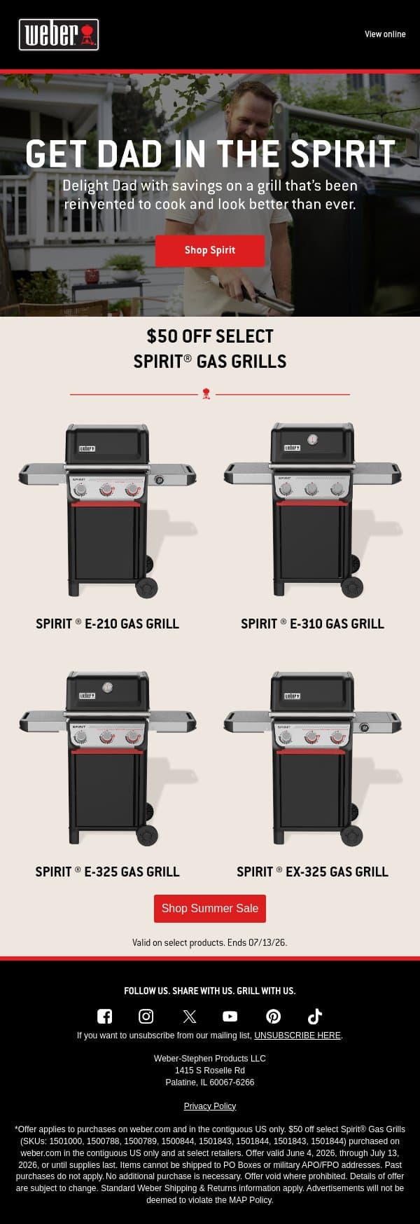 Save $50 on a Spirit Grill for Father’s Day email from Weber screenshot