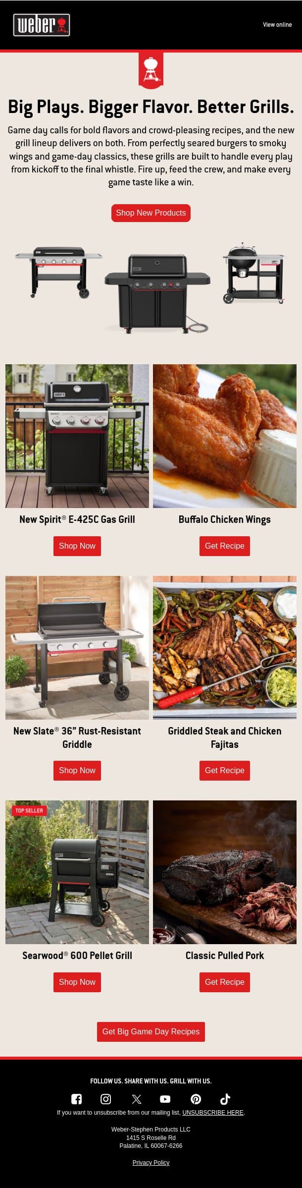 New Grills + Stadium-Worthy Flavor email from Weber screenshot