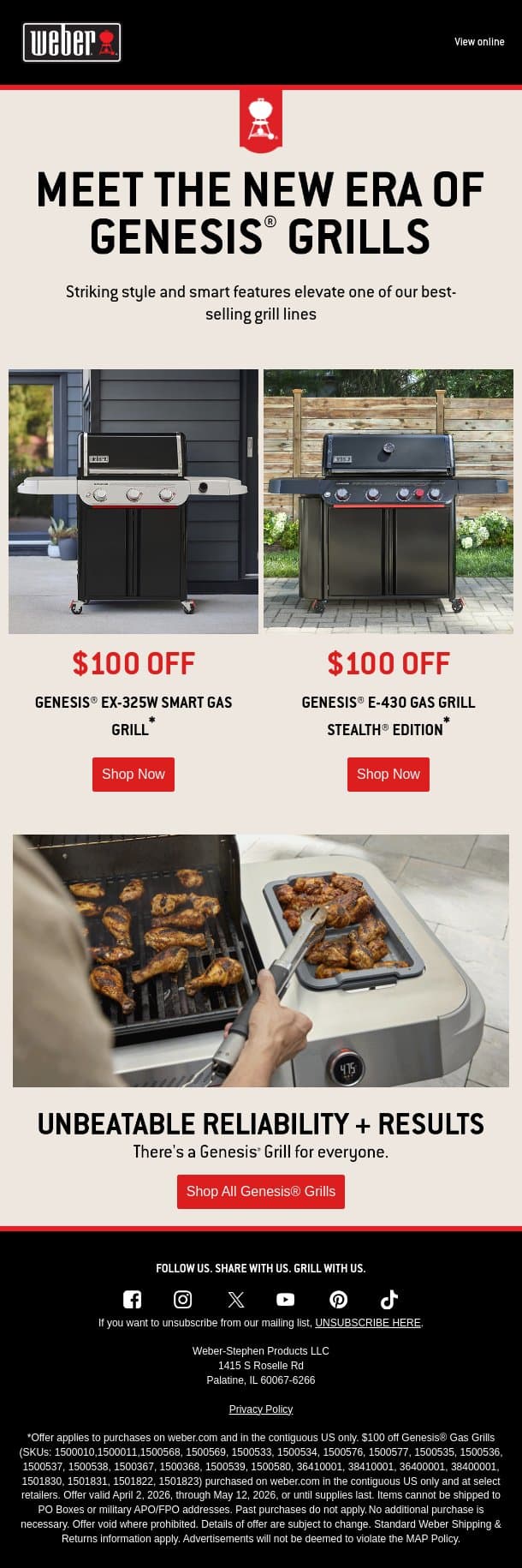 New smart and stylish Genesis grills 👀 email from Weber screenshot