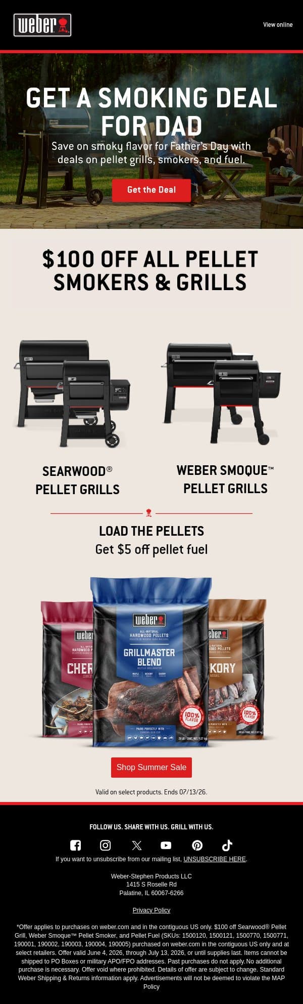 Save $100 on pellet grills and smokers for Father’s Day email from Weber screenshot