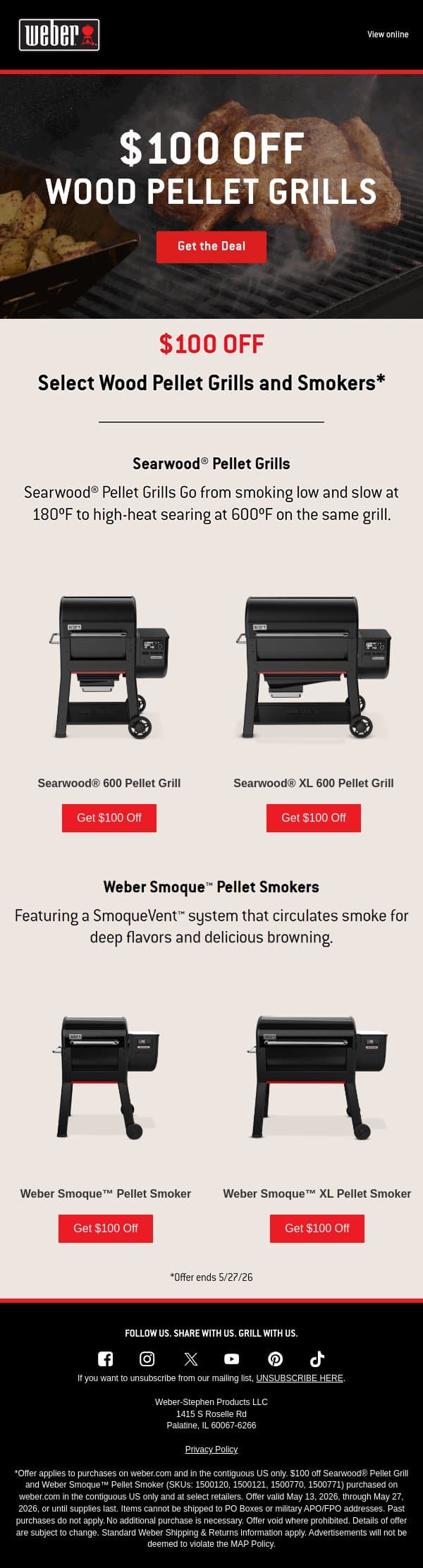 Wood-Fired Cooking, Now $100 Off email from Weber screenshot
