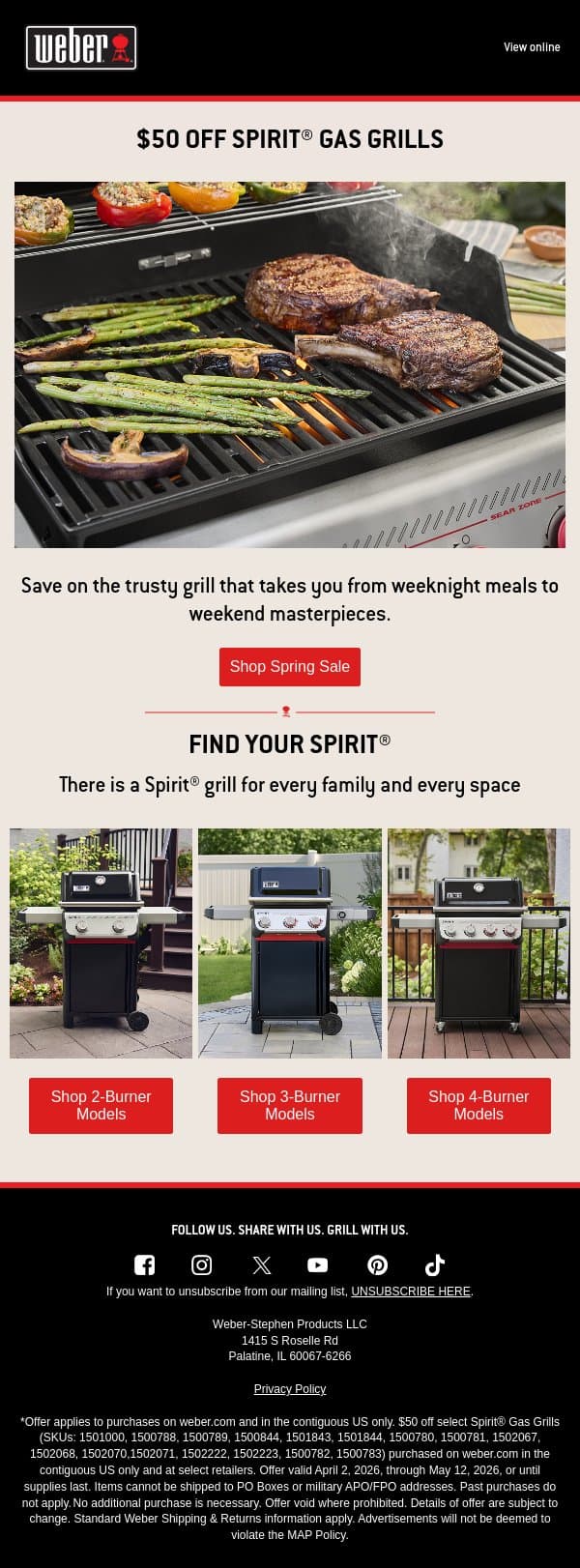 $50 off a shiny new Spirit® Grill for spring email from Weber screenshot