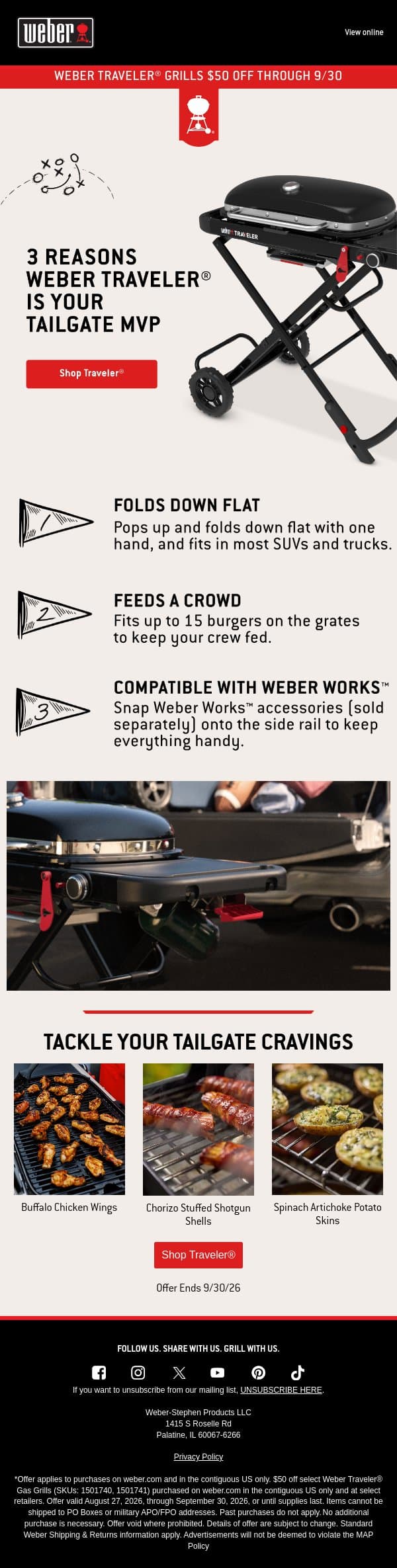 Meet Your Tailgate MVP Grill + $50 Off! email from Weber screenshot