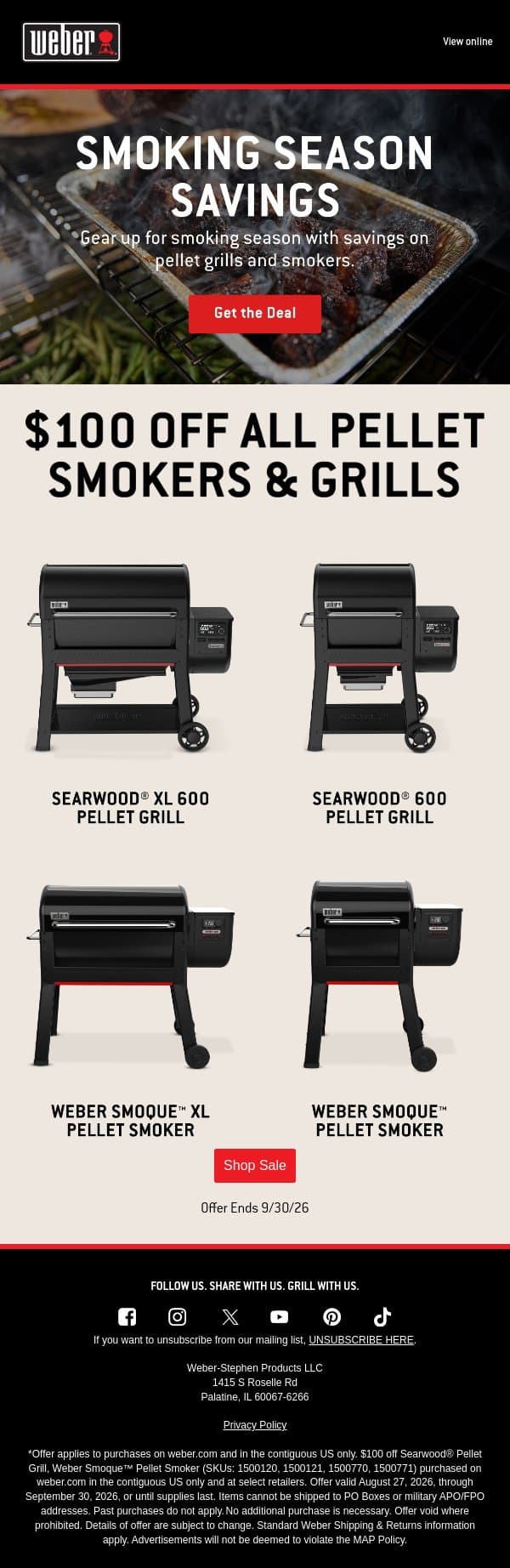 Don’t Sleep, Save on Pellet Grills and Smokers email from Weber screenshot
