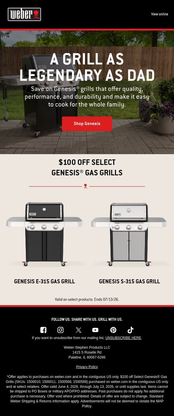 Save $100 on a Genesis Grill for Father’s Day email from Weber screenshot