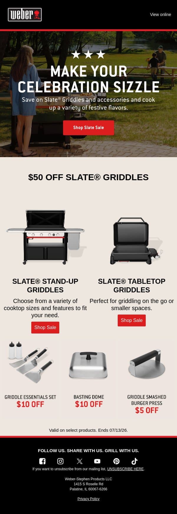 Celebrate 🇺🇸 with $50 off select Slate Griddles email from Weber screenshot