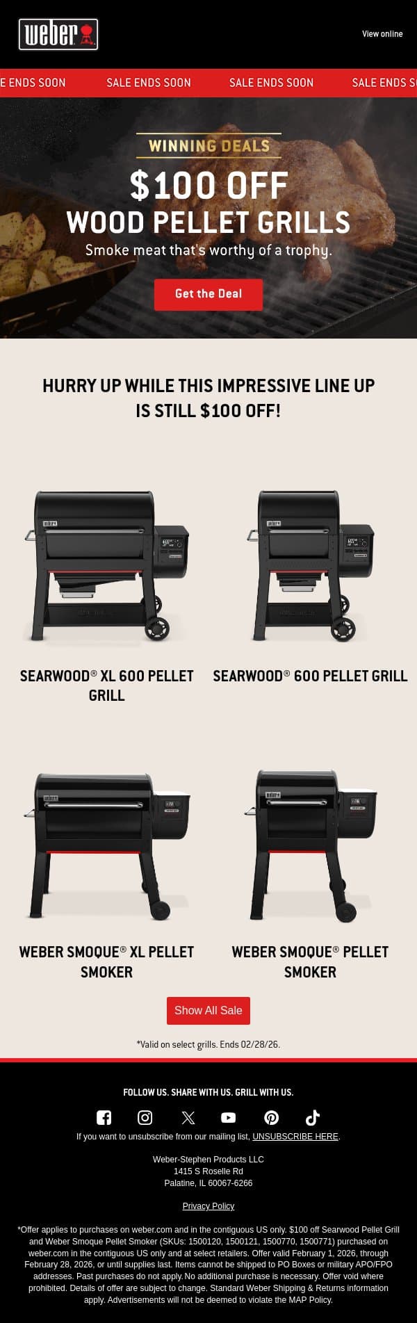 Last call for $100 off pellet grills! email from Weber screenshot